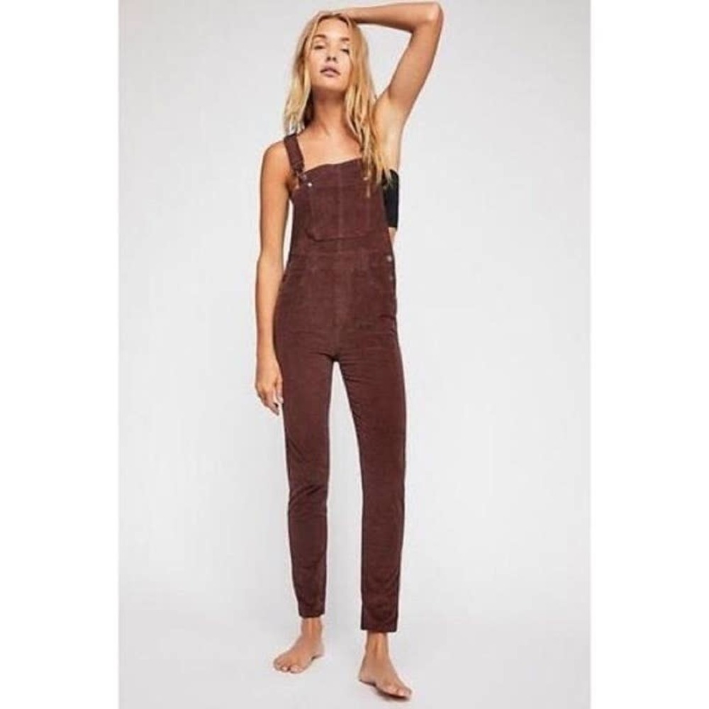 Free People Overalls Women's 25 Burgundy Chocolate Slim Corduroy Stretch Boho
